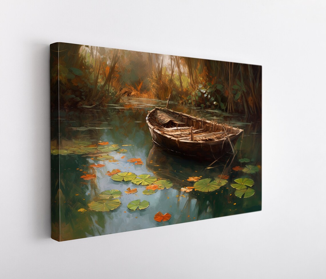 Weathered Wooden Boat Resting Among Lily Pads on Still Water Poster - Image 5