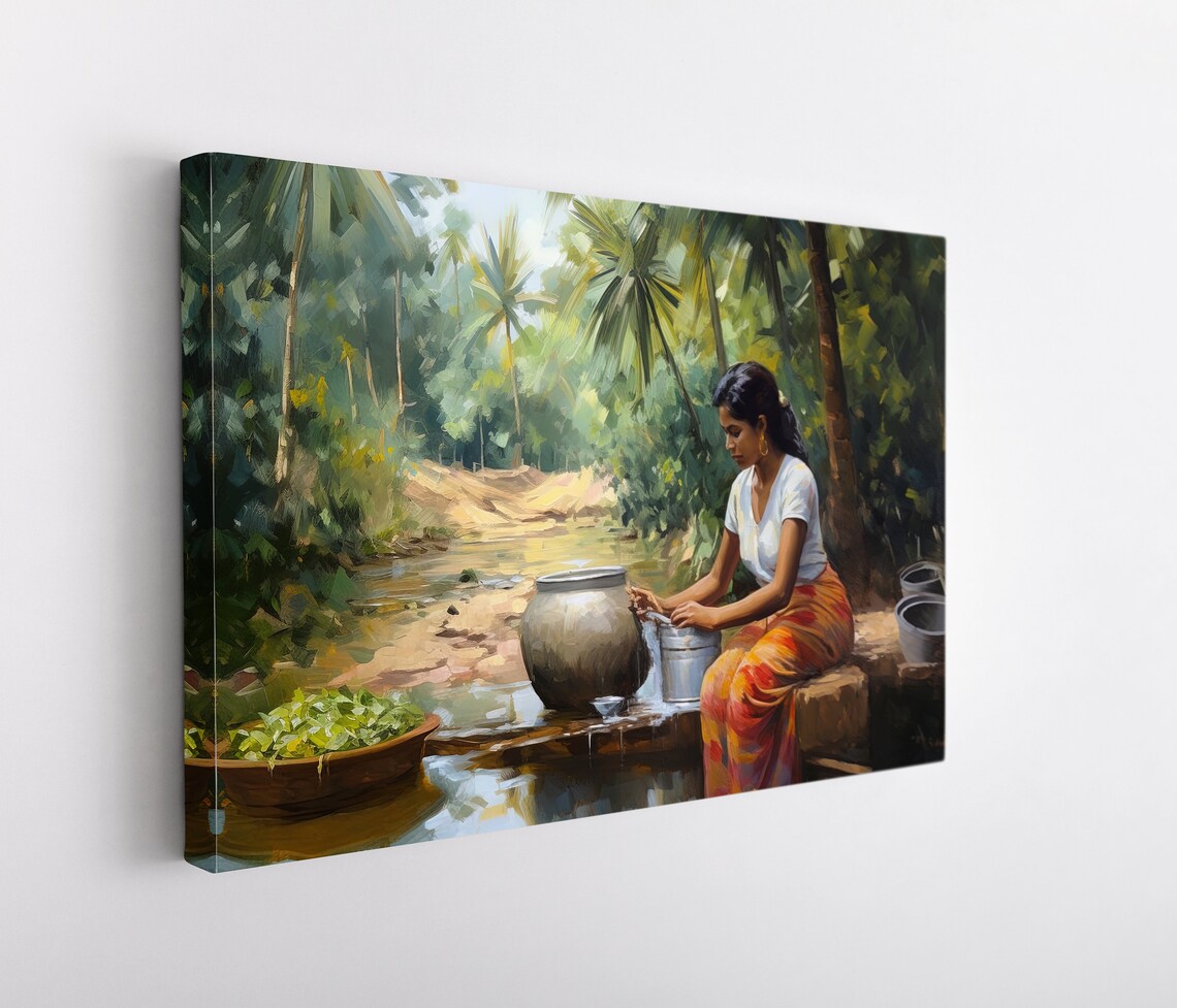 South Indian Woman Washing Utensils At A River South Indian Print South Indian Painting South Indian Home Decor South Indian Wall Art - Image 5