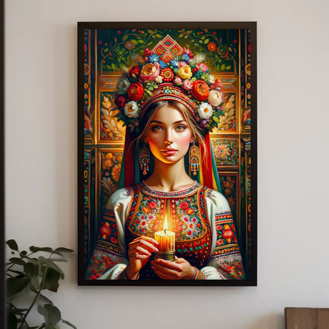 Ukrainian Girl Holding Candle, Oil-Painting Style Art Print
