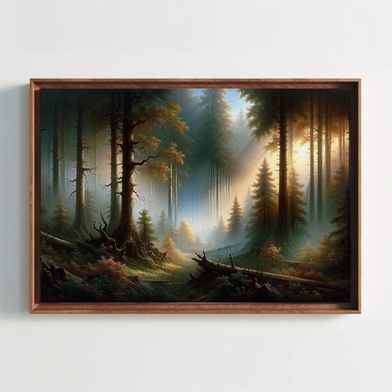 Mystical Forest At Dawn Oil Painting Enchanted Woods Framed Print Magical Sunrise Landscape Ethereal Nature Home Decor Art