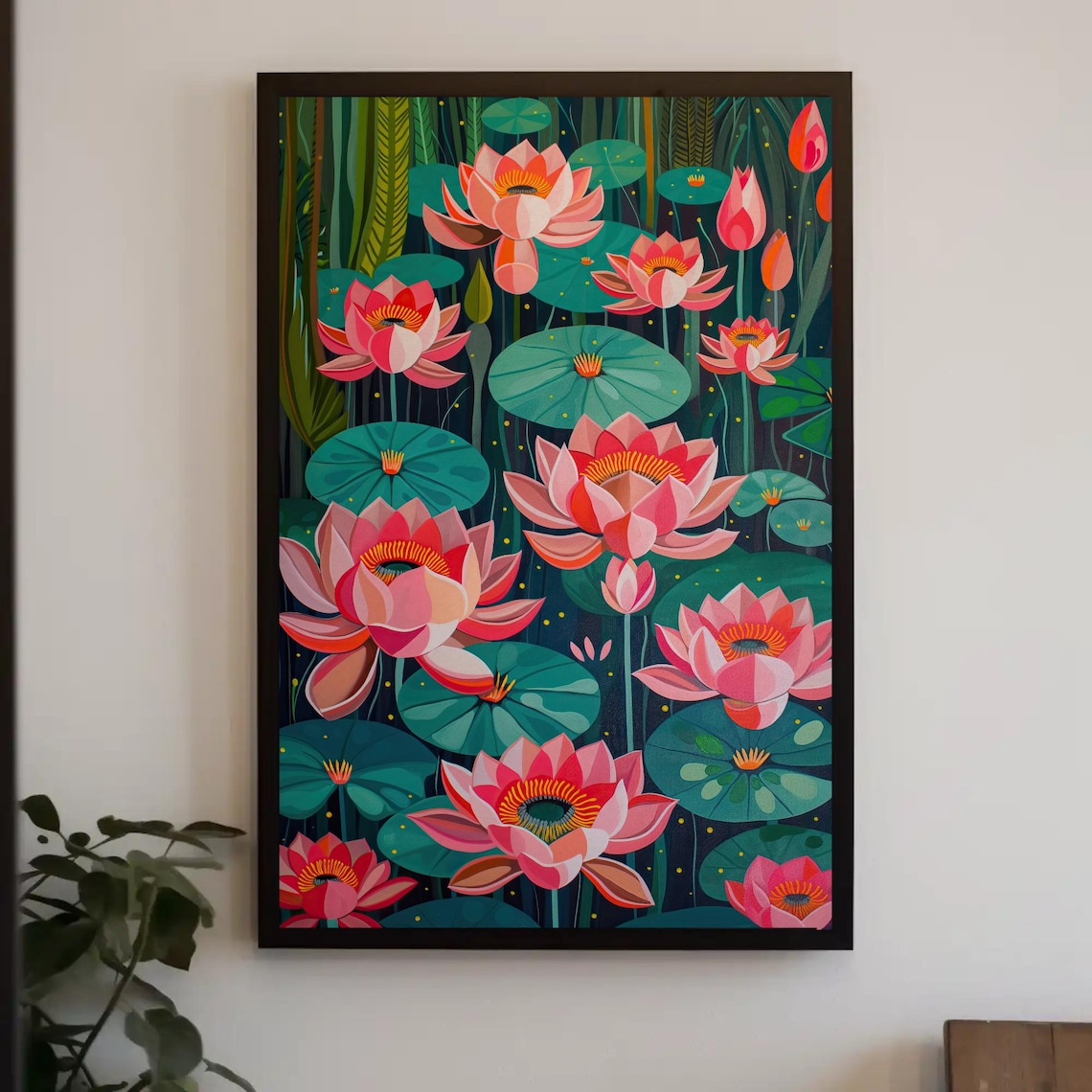 Pink Lotus Flowers On Dark Pond Lily Pads Watercolor Botanical Poster