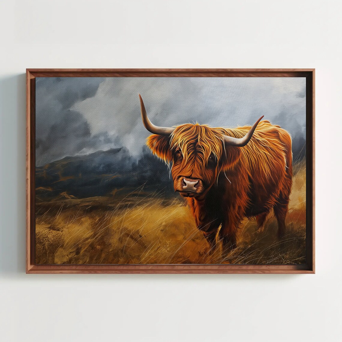 Highland Cow in Misty Field Moody Rustic Farm Painting Poster - Image 4