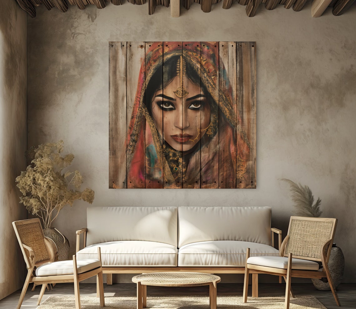 Indian Bride Portrait Painted on Reclaimed Wood Rustic Wall Poster - Image 2
