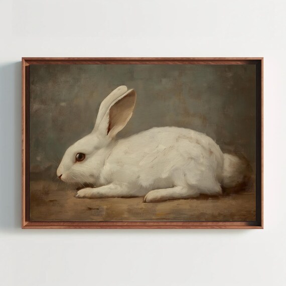 White Bunny Resting in a Muted Vintage Oil Painting Style Poster