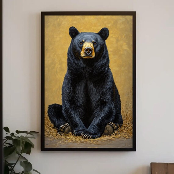 Noble Black Bear Portrait On Glowing Golden Background Art Poster