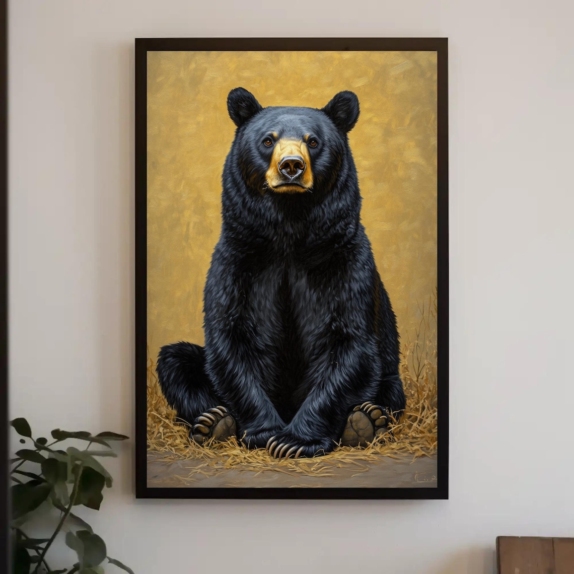 Noble Black Bear Portrait On Glowing Golden Background Art Poster