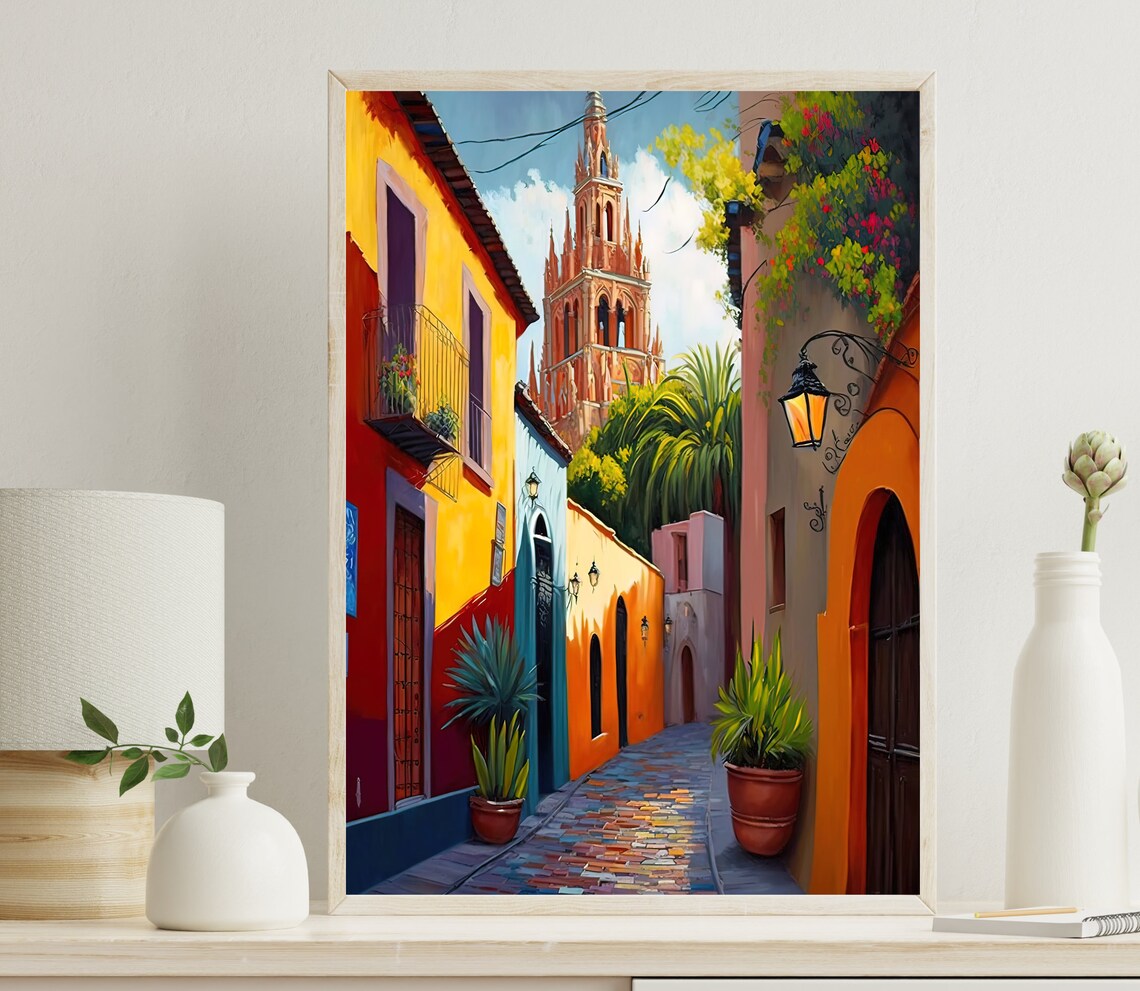 San Miguel De Allende Church Tower Colorful Alley Mexico Art Poster