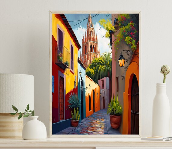 San Miguel De Allende Church Tower Colorful Alley Mexico Art Poster