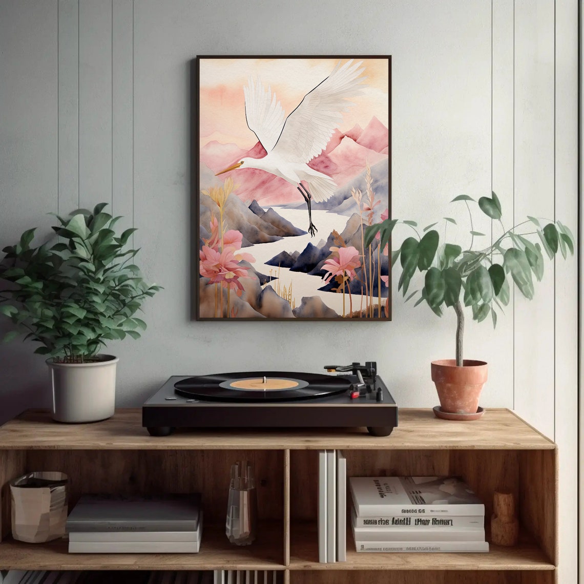 White Crane Flying Over Pink Mountains Lotus Watercolor Poster - Image 2