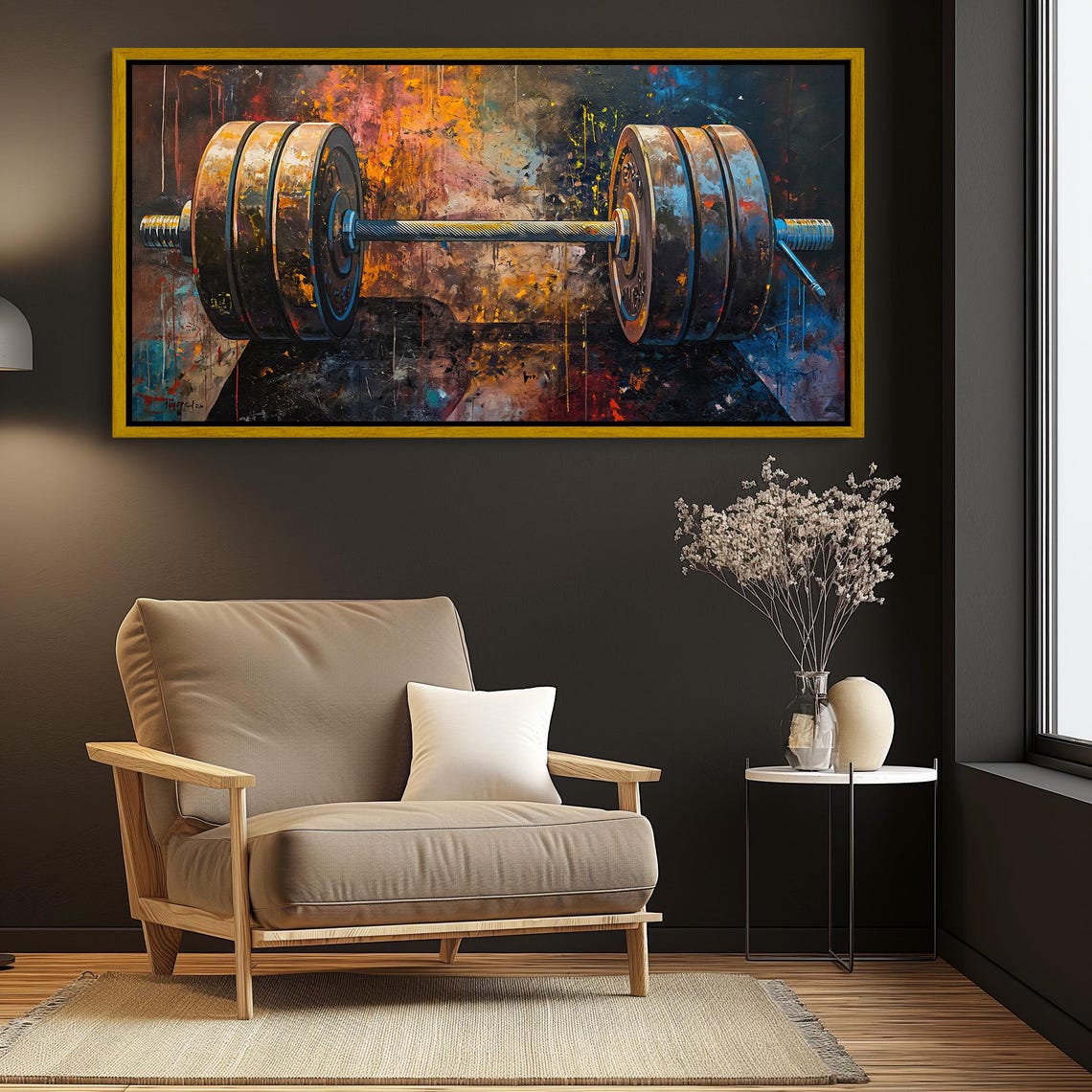 Heavy Barbell Grunge Painting For Home Gym Motivation Wall Art