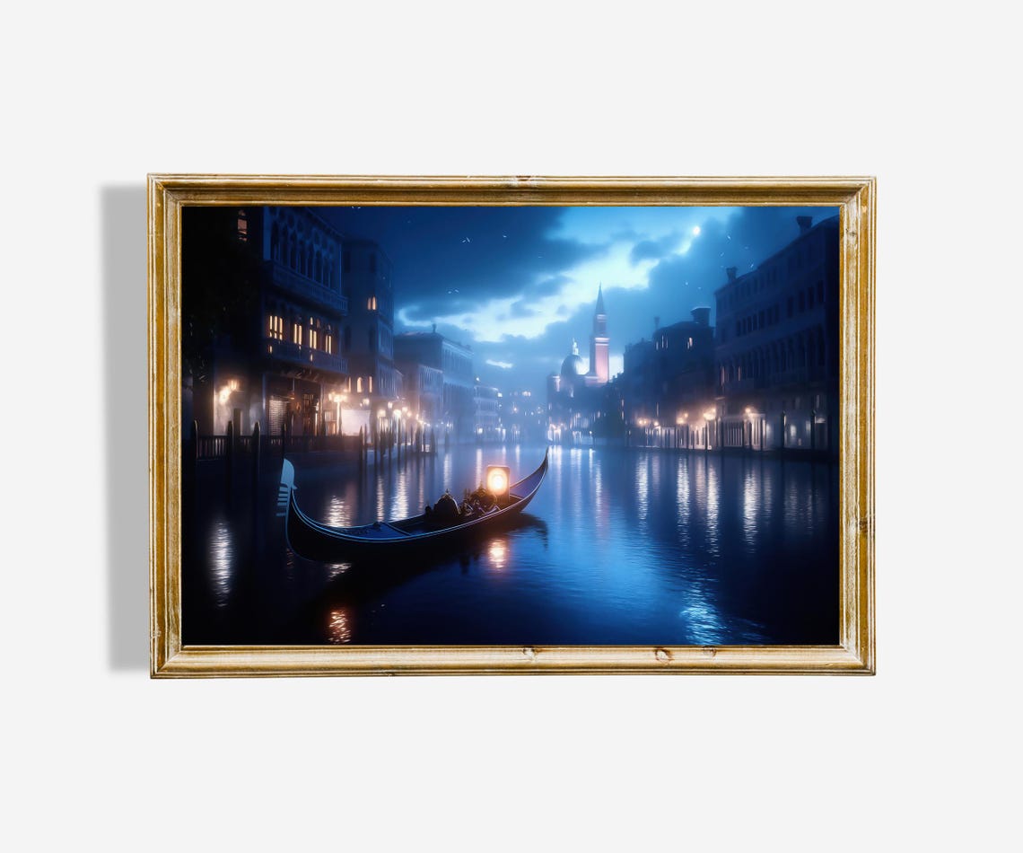 Venice Night Gondola Ride Moonlit Canal Italy Oil Painting Poster