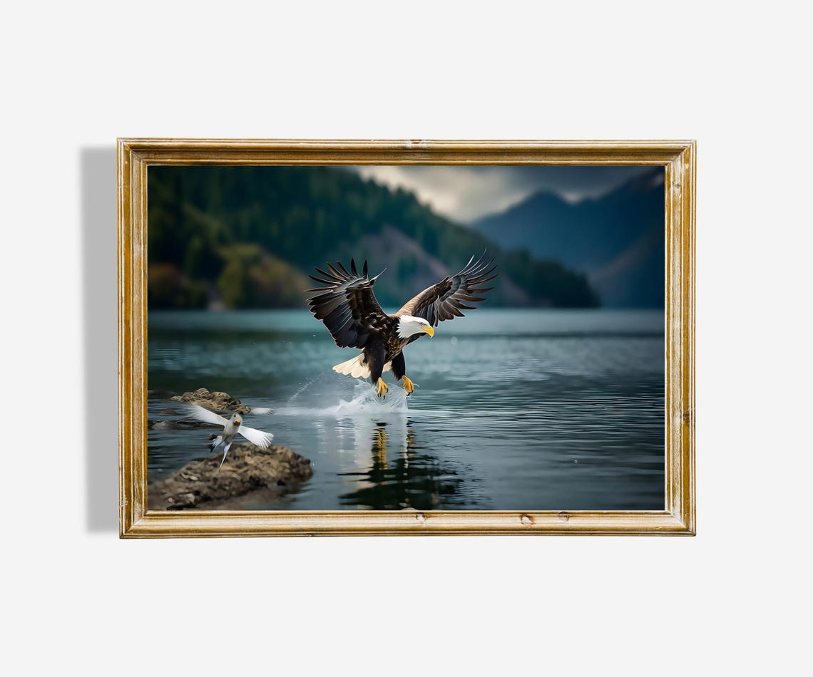 Bald Eagle Diving for Fish Over a Mountain Lake Wildlife Nature Poster