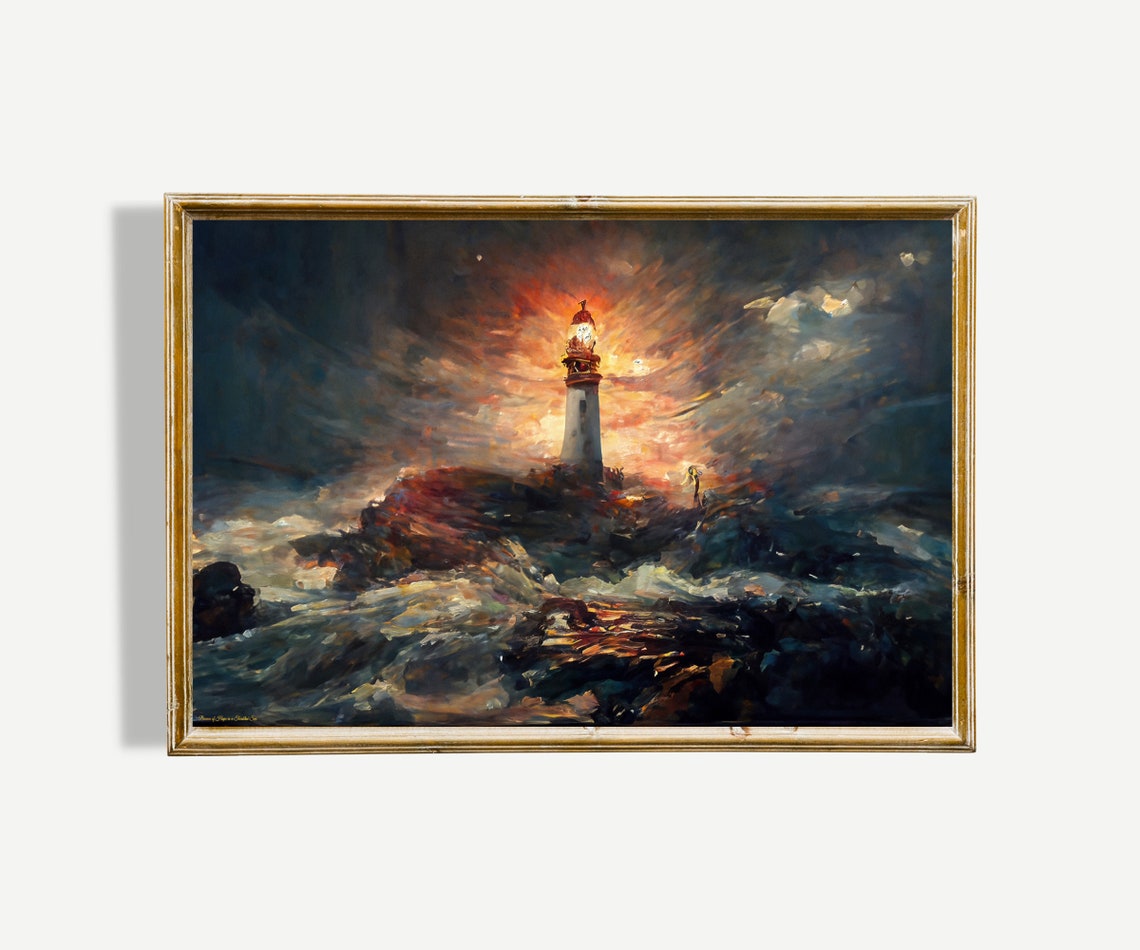 Lighthouse in Stormy Sea Dramatic Oil Painting Nautical Poster