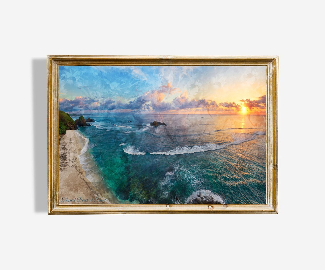 Tropical Beach Sunset Aerial View Ocean Waves Coastal Art Poster