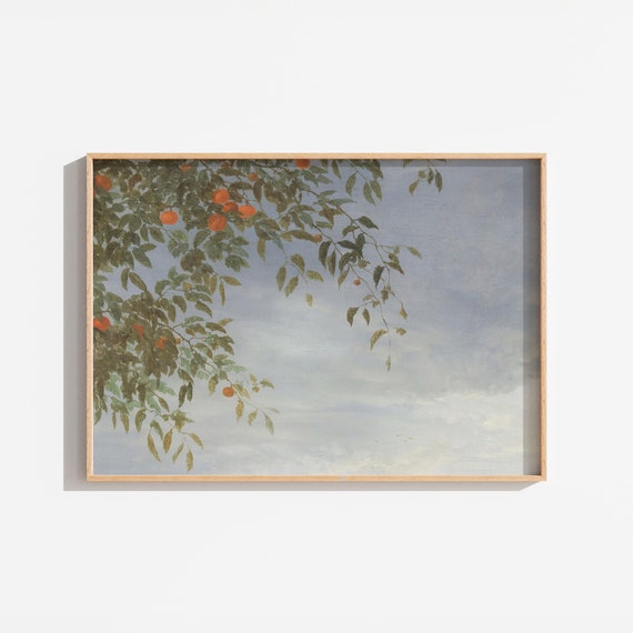 Vintage Landscape Orange Branch Painting Wall Art French Rustic Tree Drawing Neutral Antique Kitchen Print