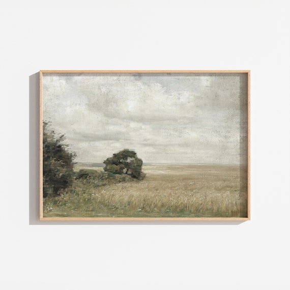 Vintage Muted Rustic Landscape Painting Field Oil Painting Farmhouse Cottage Landscape Forest Painting Art