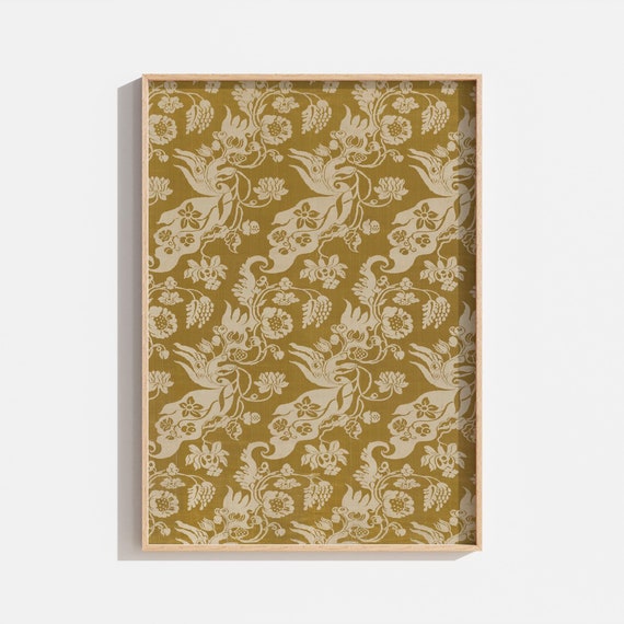 Vintage Yellow Tapestry Print, Victorian Floral Art