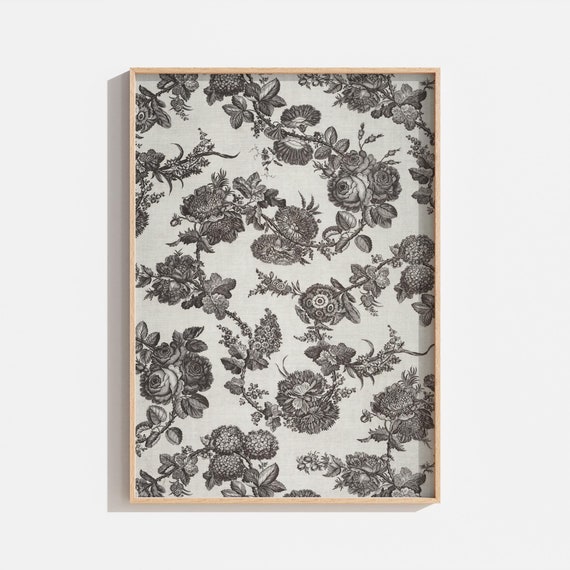 Vintage Black and White Floral Textile Print, Botanical