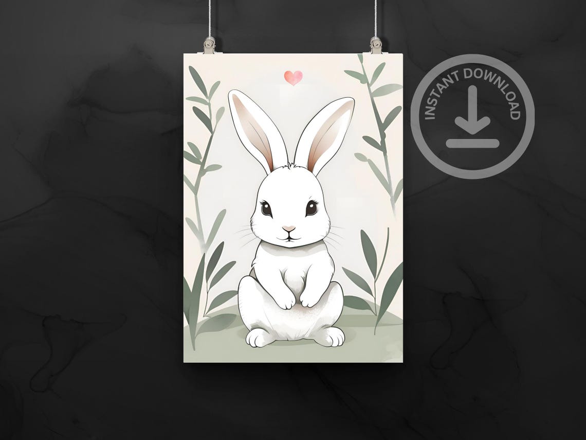 White Bunny Watercolor Portrait Cute Rabbit Nursery Animal Poster - Image 2