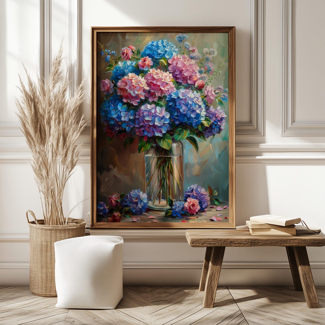 Pink And Blue Hydrangea Bouquet Glass Vase Romantic Painting Poster