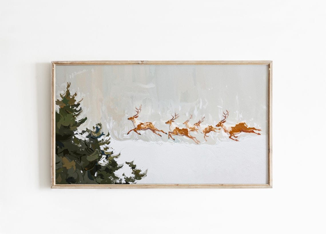 Reindeer Herd Leaping Over Snowy Winter Scene Painted Motion Poster - Image 4