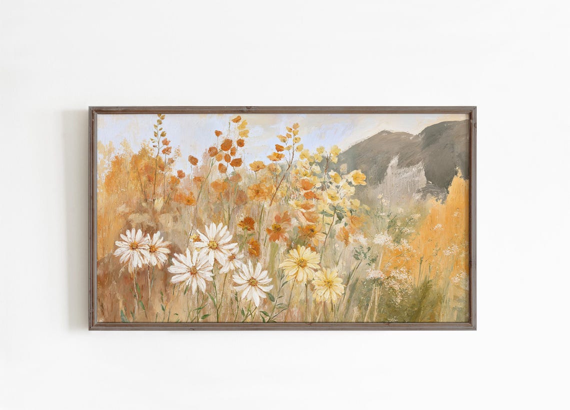 Golden Wildflower Meadow with Daisies Mountain Warm Art Poster - Image 2