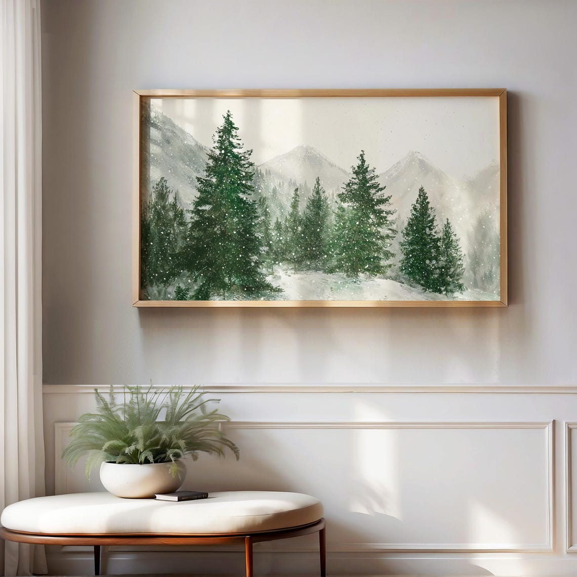 Snowy Winter Evergreen Pine Forest Mountain Landscape Art Poster - Image 2
