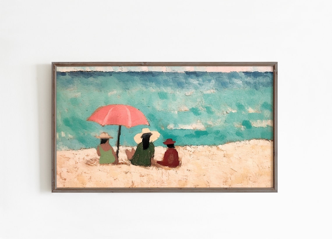Three Friends at the Beach Pink Umbrella Turquoise Sea Poster - Image 2