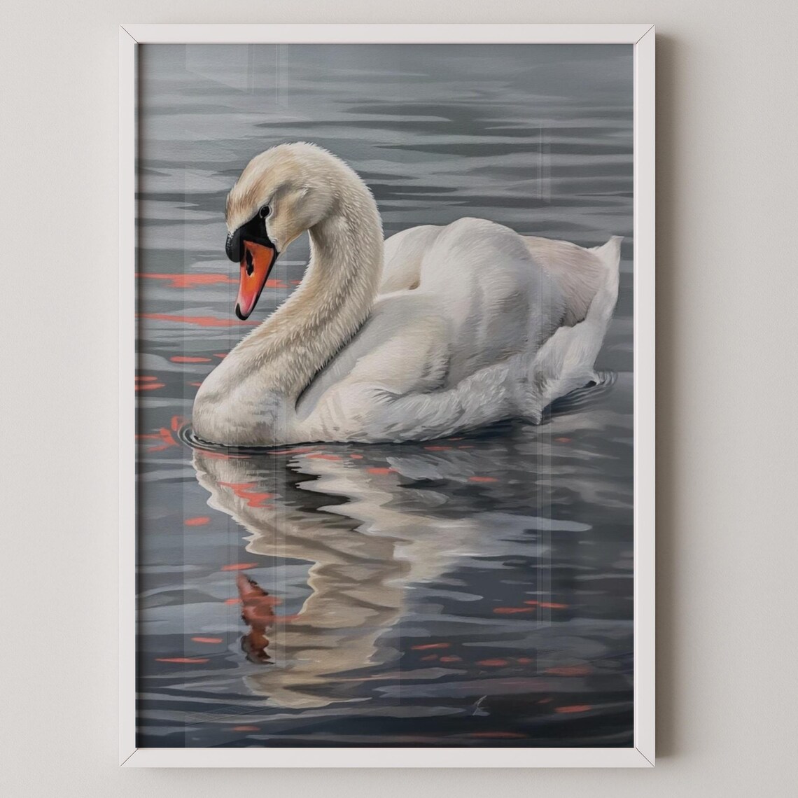 White Mute Swan Swimming With Water Reflection Bird Art Poster