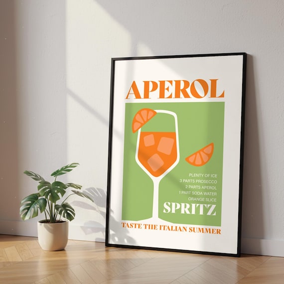 Aperol Spritz Retro Cocktail Poster Orange Green Italian Summer Bar Decor