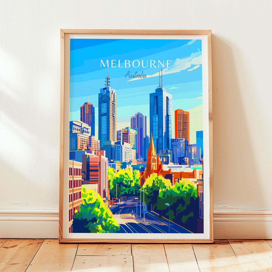 Melbourne Australia City Skyline Tree Lined Street Travel Poster