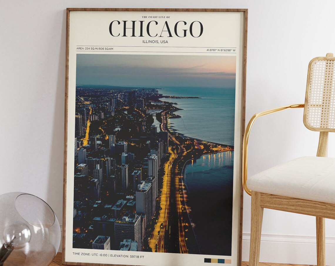 Chicago Illinois Night Coastline Aerial Travel Poster Lakefront Art