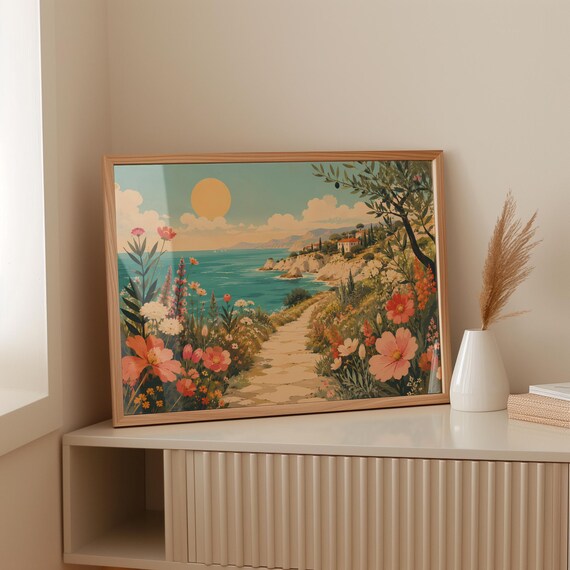 Sunlit Coastal Wildflower Path Cliff Sea Retro Travel Landscape Poster