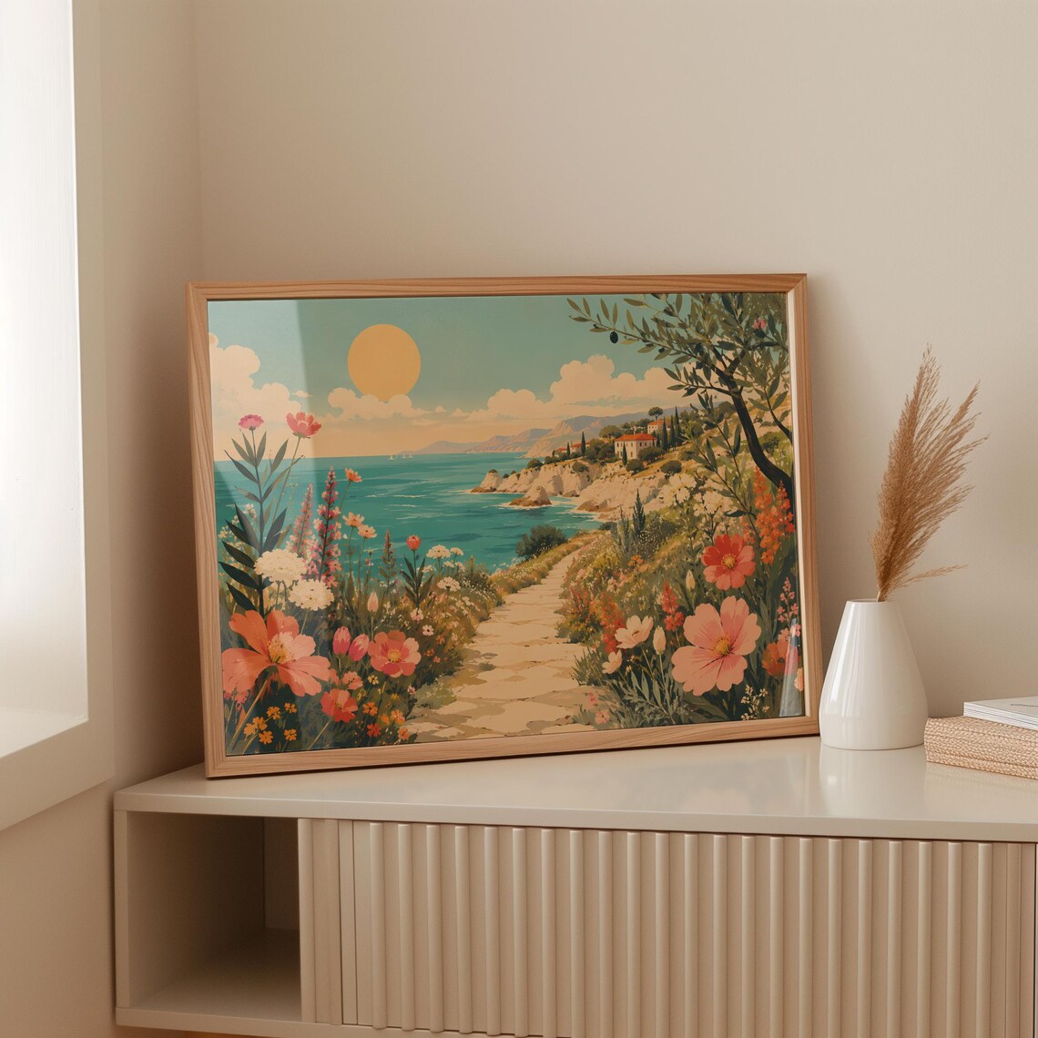 Sunlit Coastal Wildflower Path Cliff Sea Retro Travel Landscape Poster