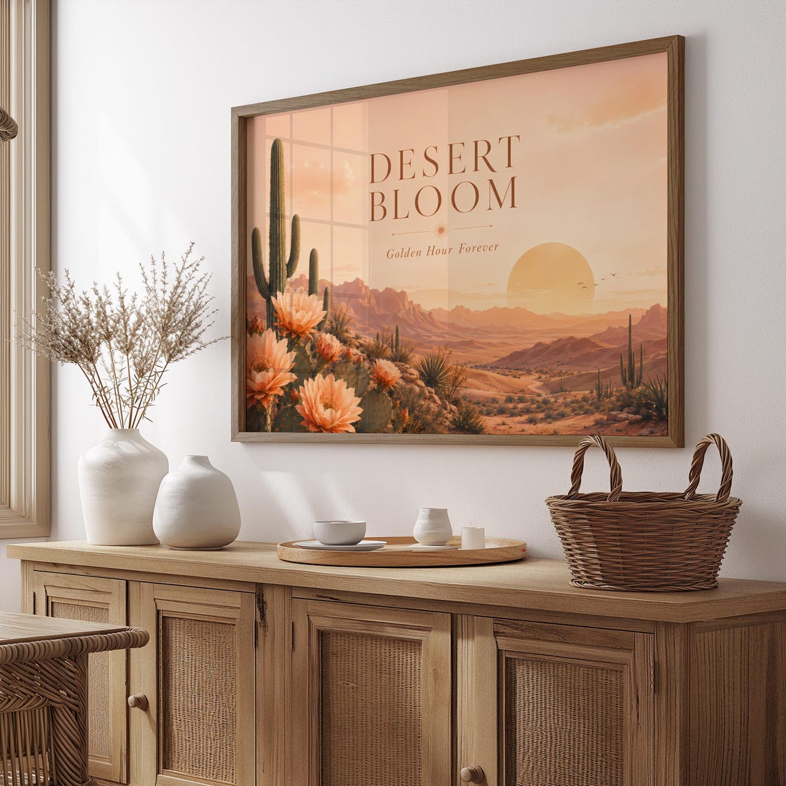 Desert Bloom Southwest Cactus Sunset Poster Golden Hour Saguaro Art
