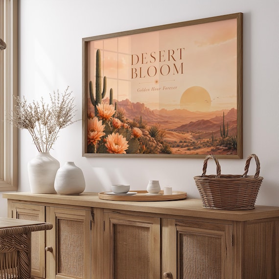 Desert Bloom Southwest Cactus Sunset Poster Golden Hour Saguaro Art