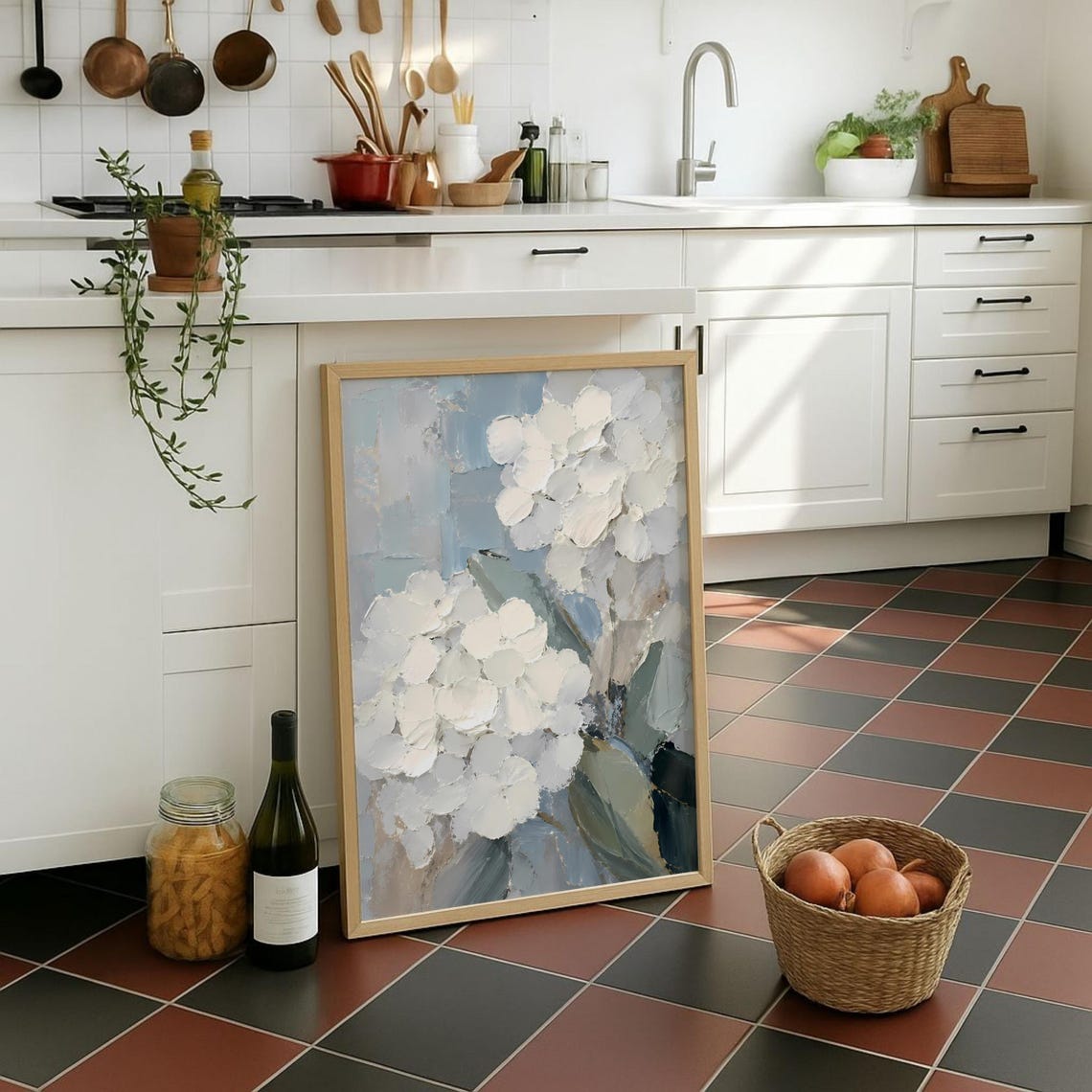 White Hydrangea Impasto Oil Painting Blue Grey Floral Poster
