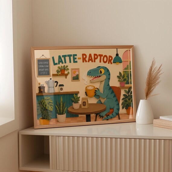 Latte Raptor Cute Coffee Dinosaur Cafe Typography Landscape Poster