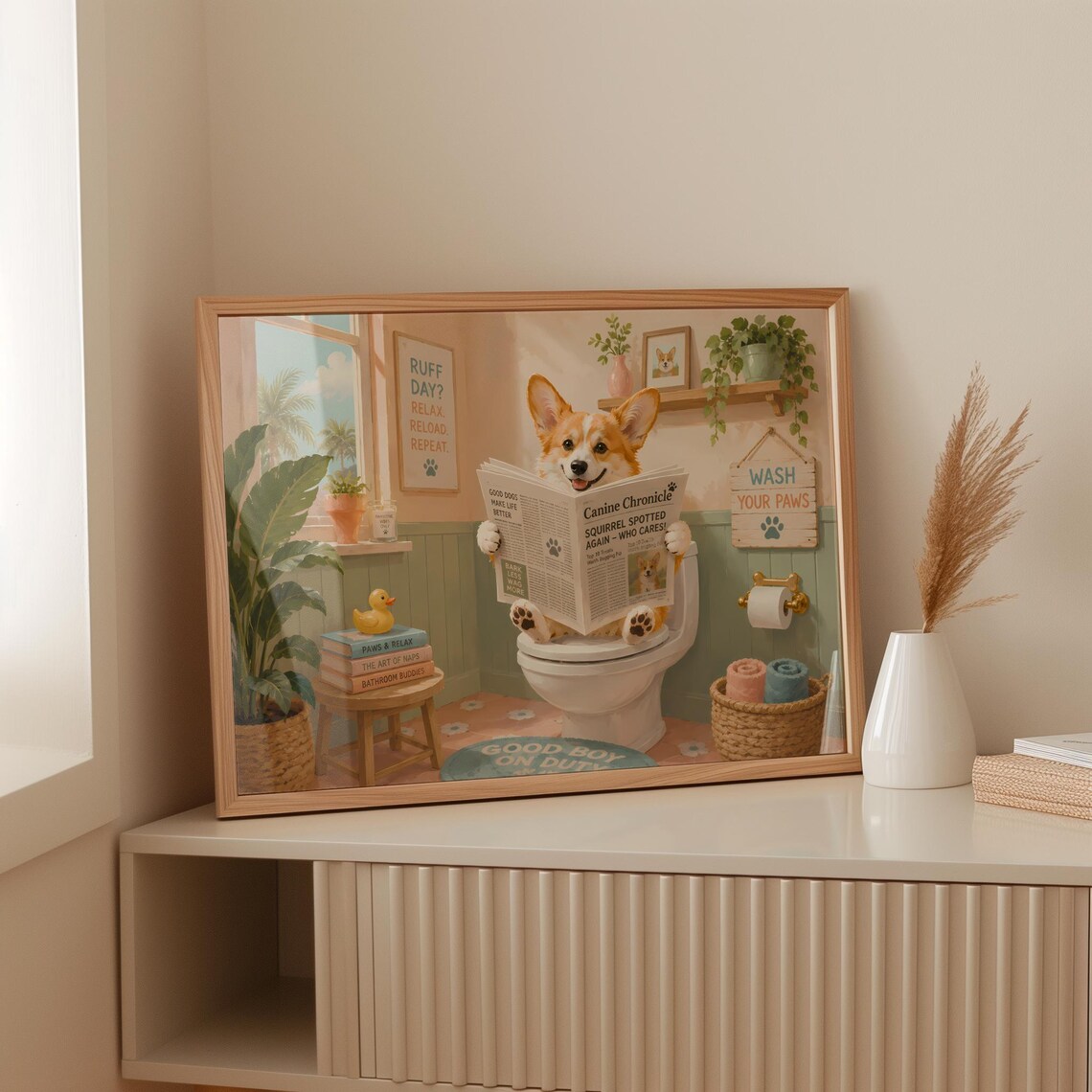 Funny Corgi On Toilet, Cute Dog Bathroom Poster