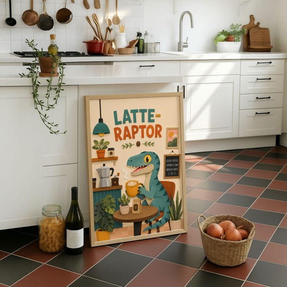 Latteraptor Typography Cute Dinosaur Art Print