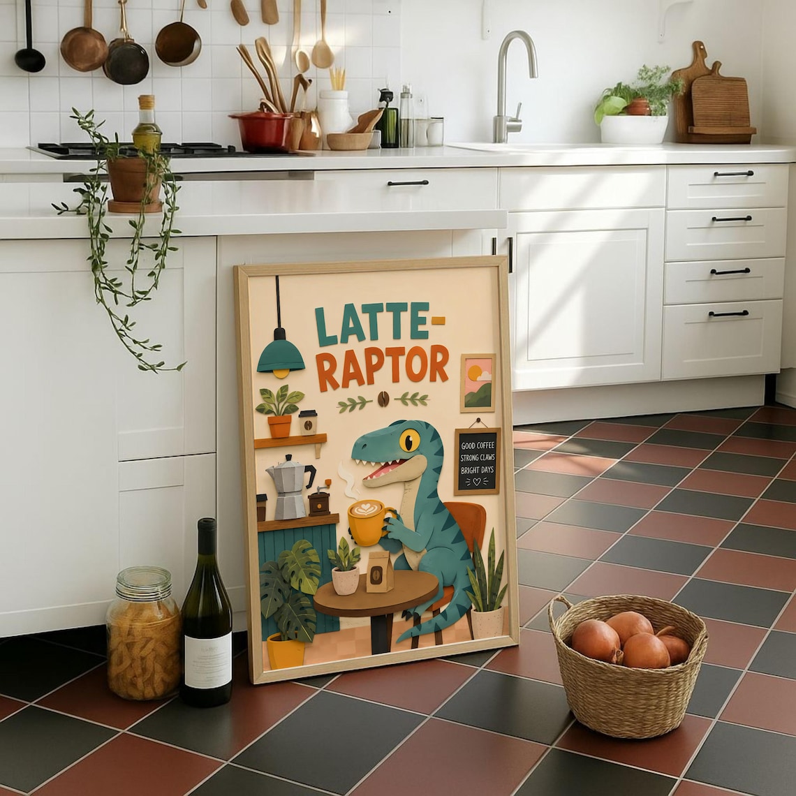 Latteraptor Typography Cute Dinosaur Art Print