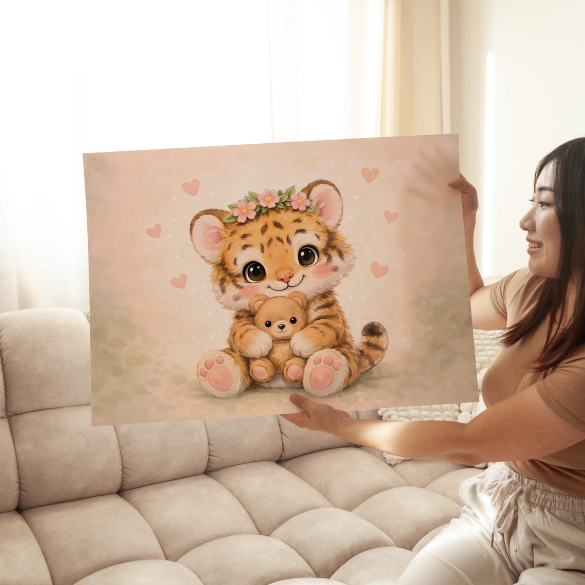 Baby Tiger Cub Hugging Teddy Bear Flower Crown Cute Nursery Poster