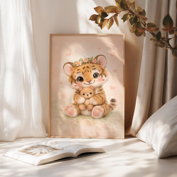 Baby Tiger With Teddy Bear Flower Crown Cute Girls Nursery Poster