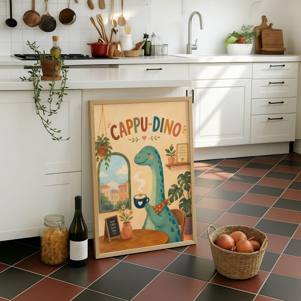 Cappu Dino Cute Green Dinosaur Drinking Cappuccino Cafe Poster