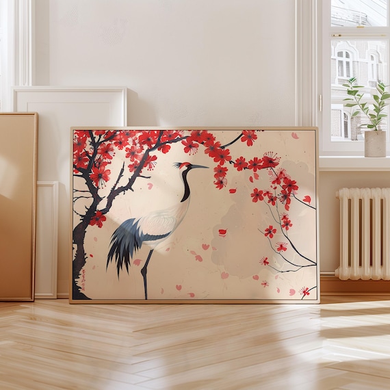 Japanese Crane and Sakura Art Print