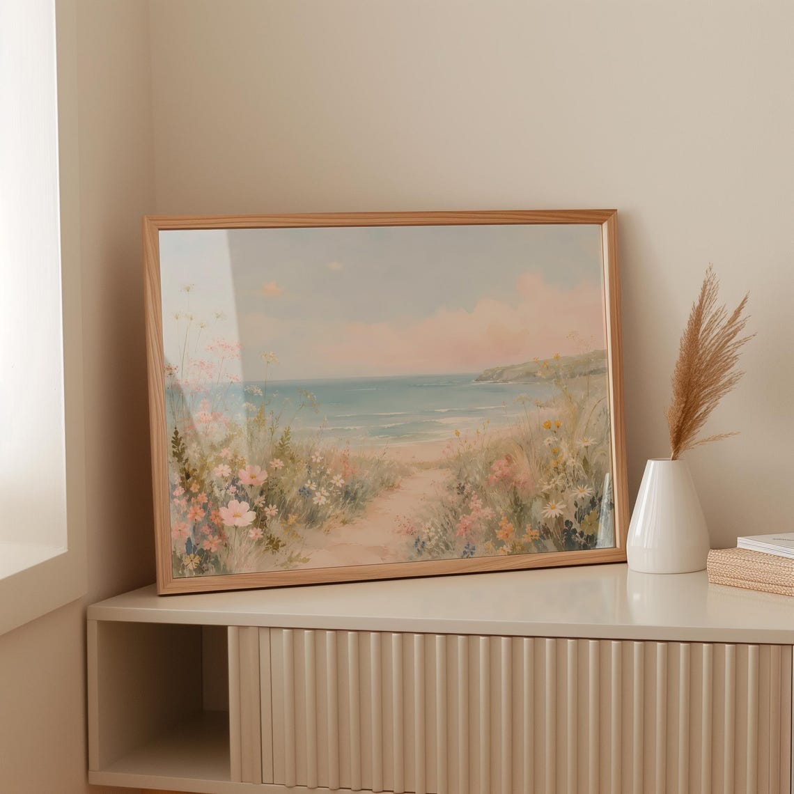 Pastel Beach Path Wildflower Coastal Watercolor Serene Poster