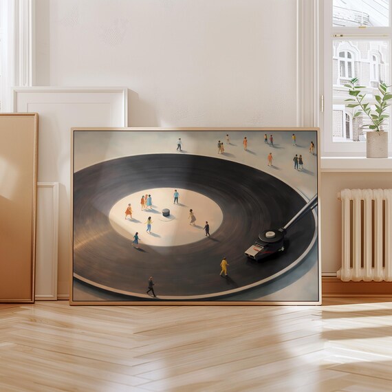 Vinyl Records People Poster Download Surreal Illustration Society In A Circle Motif Modern Aesthetic Wall Art Concept