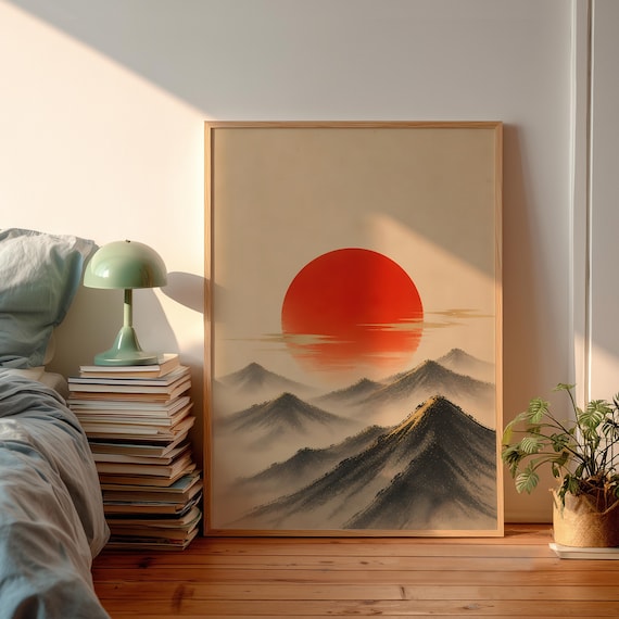 Rising Sun Poster, Minimalist Mountain Art Print