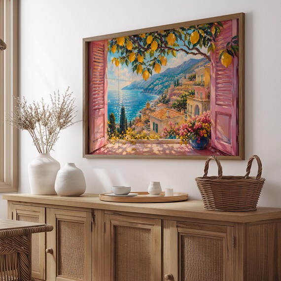 Mediterranean Lemon Window Overlooking Amalfi Coast Town Poster