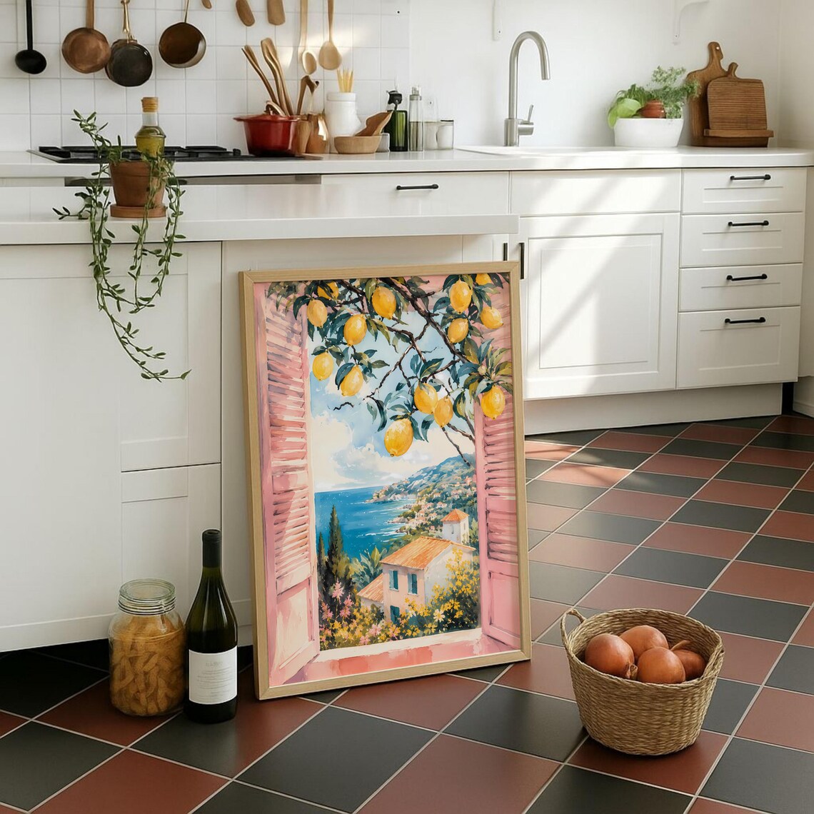 Lemon Tree Window Coastal Village Sunny Mediterranean Watercolor Poster
